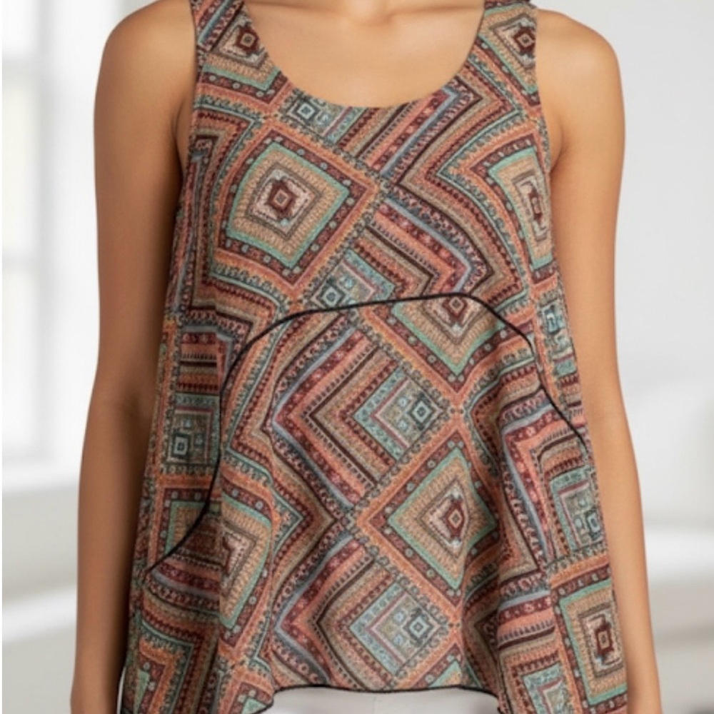 NO BOUNDARIES Southwestern Scarf Hem Pullover Top, Women’s XL, Green Brown